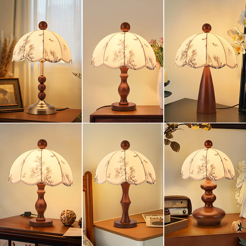 Table Lamp French Retro Medieval Bedside Lamp Bedroom American New Chinoiserie Wabi-Sabi Style Walnut Color Master Bedroom High-End
