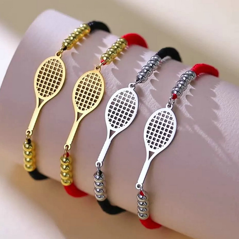 Cut stainless steel racket pendant bracelet, sports golf tennis small pendant, adjustable woven hand accessory cord