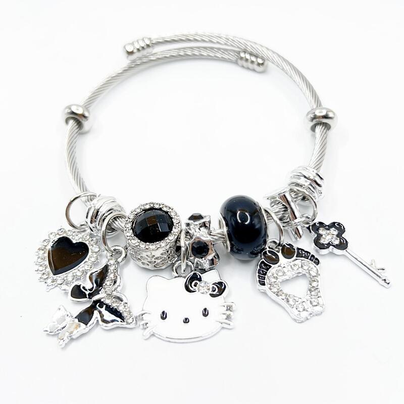 Panjia Cross-Border Silver Cartoon Hello Kt Cat Bracelet Heart Butterfly Beads Niche Couple Wholesale New Wholesale