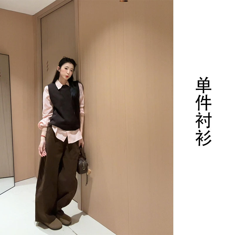 学院风棕色圆领马甲背心女2025新款早秋套装显瘦百搭衬衣开衫上衣|undefined