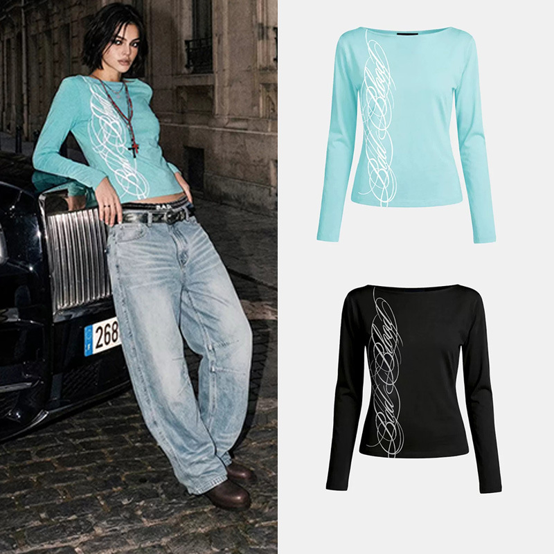 Badblood American-Style Spicy Girl Style Printed One-Line Collar Blouse Long-Sleeved Slightly See-Through Casual Top Slim Fit Short T-Shirt