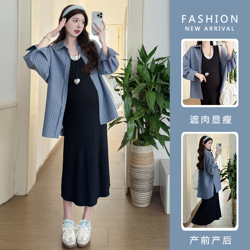 Pregnant women spring dress 2025 new Korean simple temperament slim fake two vest skirt striped shirt Pregnant women spring dress 2025 new Korean simple temperament slim fake two vest skirt striped shirt