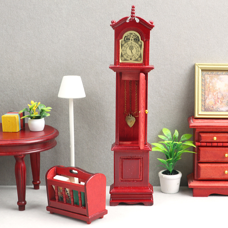 1：12娃娃屋 迷你家具配件摆饰 欧式实木客厅落地式红木色老爷钟