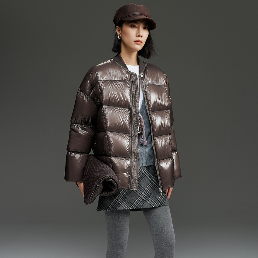 90鹅绒羽绒服女亮面棒球服高档立领短款宽松加厚外套冬季2025新款