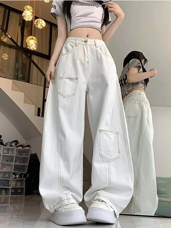 白色弯刀牛仔裤女设计感明线解构口袋垂感高腰显瘦宽松阔腿长裤子|undefined