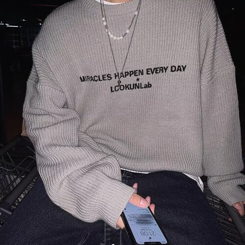 Men's Stylish Korean Version Ins Hong Style Hooded Sweatshirt Couple Trendy Lazy Round Neck Letter Embroidered Loose Knit Top