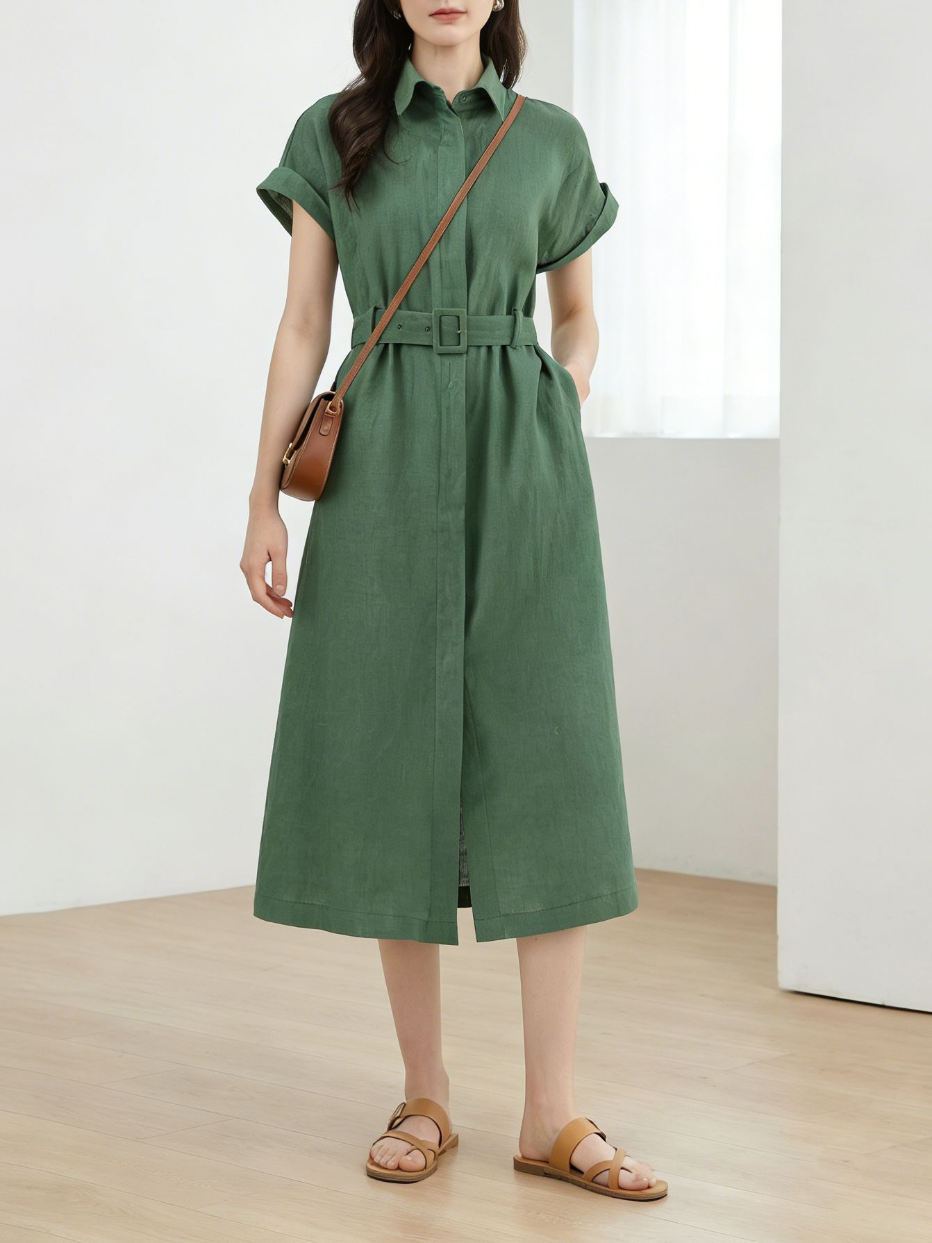Đầm sơ mi nữ tay ngắn thắt eo chất liệu linen dáng dài — màu đen