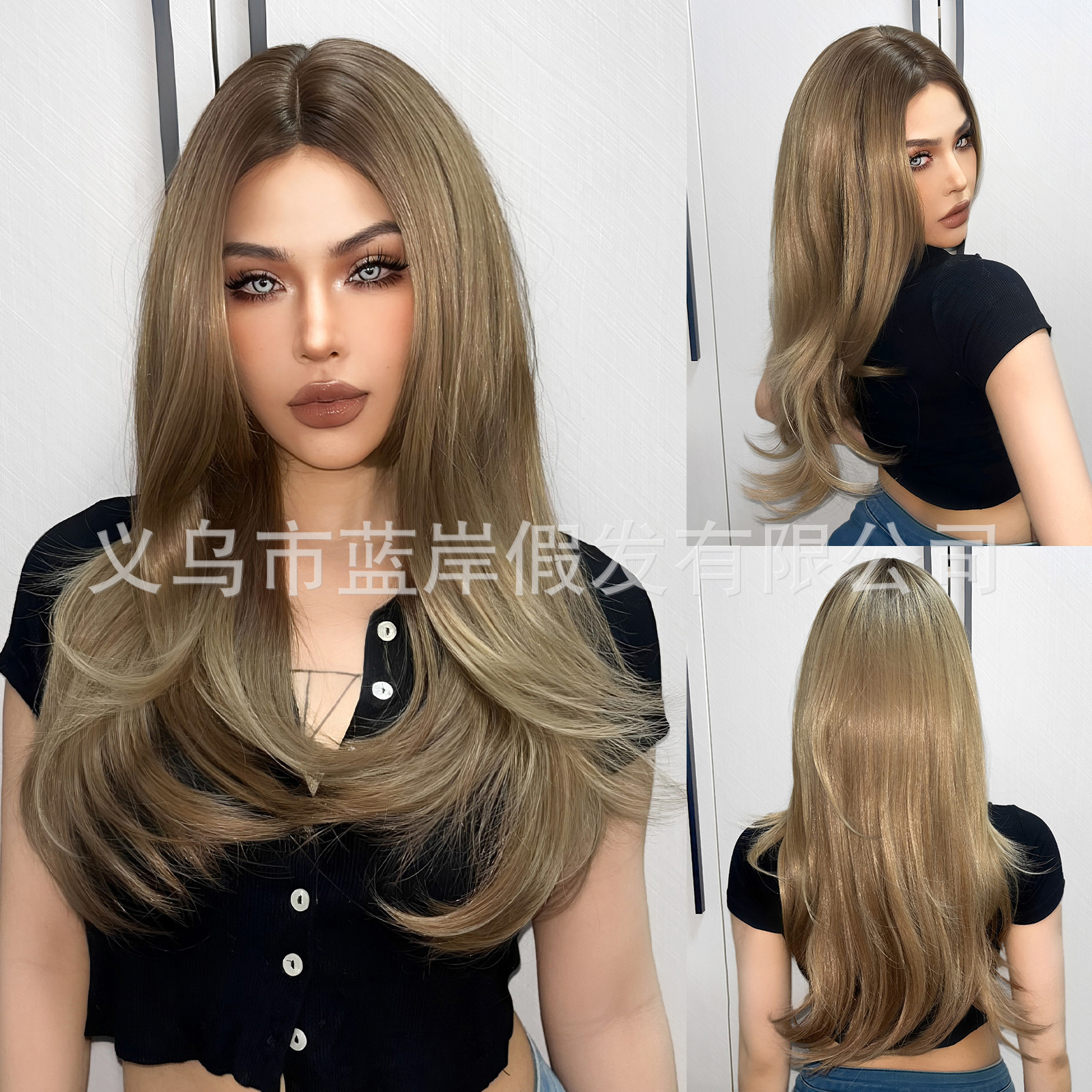 Transfronterizo nueva pelucca de cabello de mujer cubierta de cabello de fibra química marrón de alta temperatura seda multicapa cabello largo recto suave natural