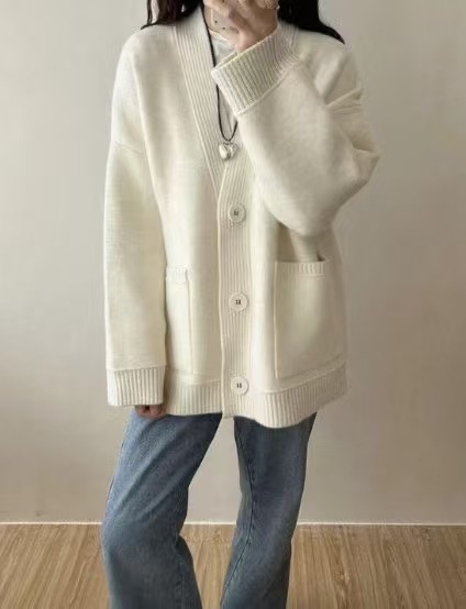 中长款毛衣开衫女宽松外穿2025秋季新款v领慵懒风针织衫外套上衣|undefined