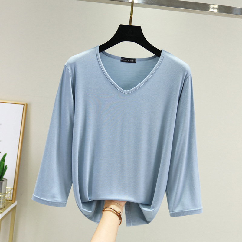 Modal Three-Quarter Sleeve T-Shirt for Women, Summer Black V-Neck Stylish Loose Fit Base Shirt, Spring Fashion Trend