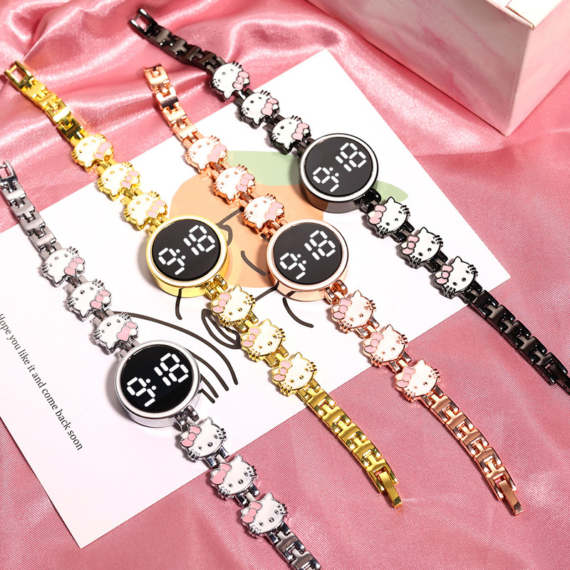 Spot New Led Touch Screen Digital Watch, High-Looking Student Model, Fashionable and Cute Kt Cat Steel Band Bracelet Watch