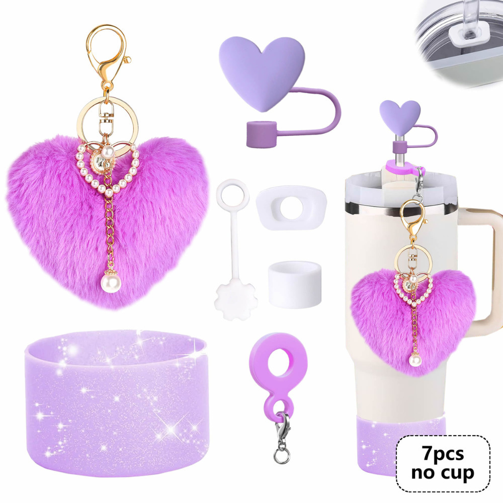7pcs taza Stanley cuerda de mano colgante de silicona flor tapa de pajita bola de felpa colgante de copa cadena de taza de color