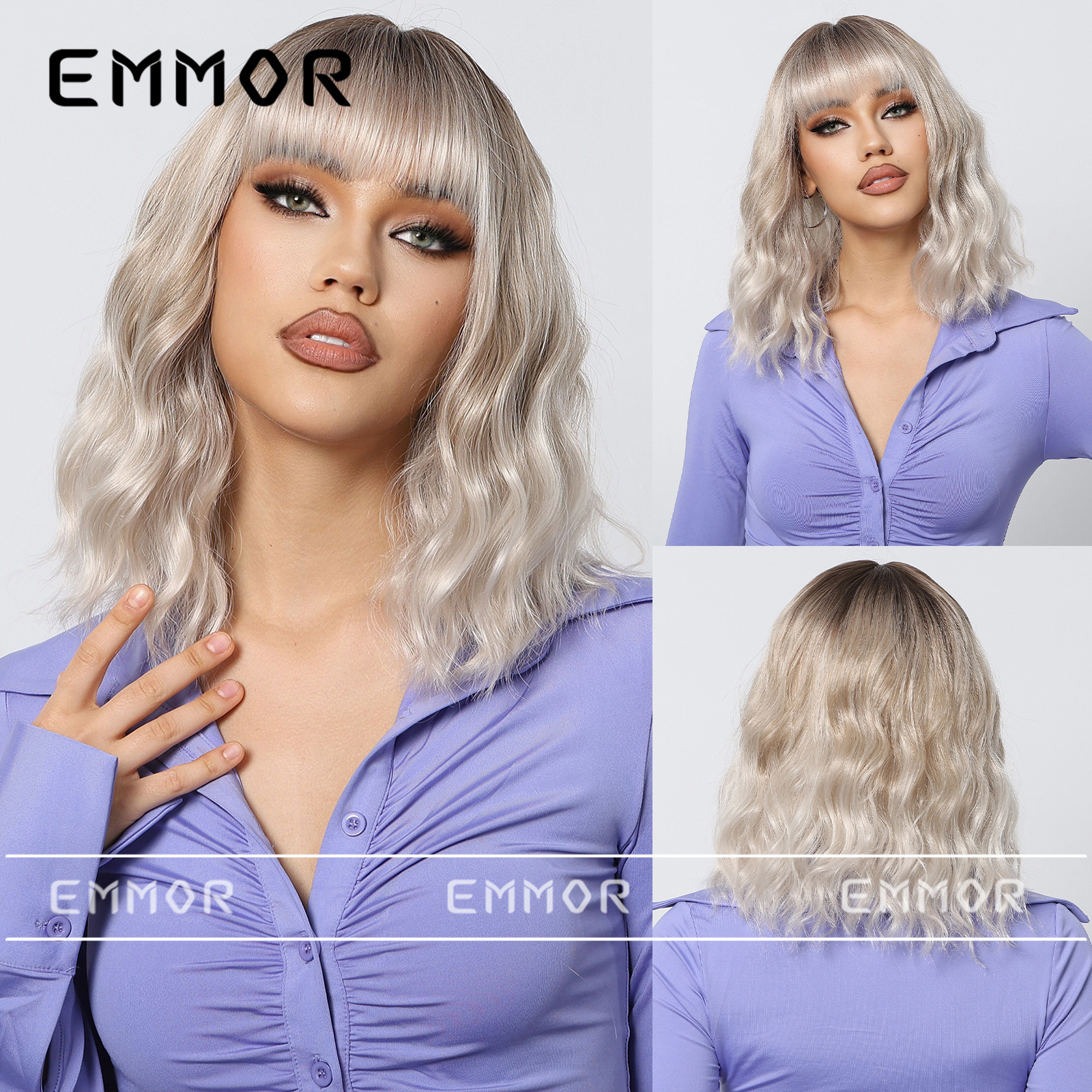 Gradiente transfronterizo europeo y americano, flequillo de oro blanco, rizado corto, rizado, rollo de lana, peluca perezosa de nivel natural, tipo de cabello completo