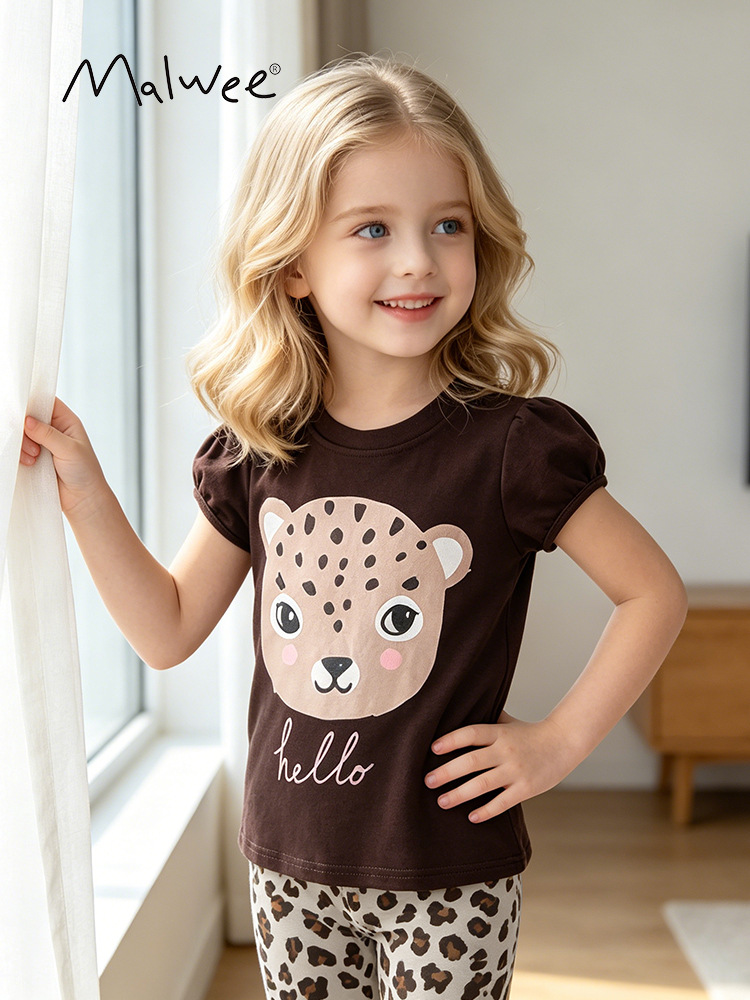 Malwee set infantil de verano nuevo estilo de niños de cuello redondo de manga corta pantalones de cintura elástica para niñas dos piezas set