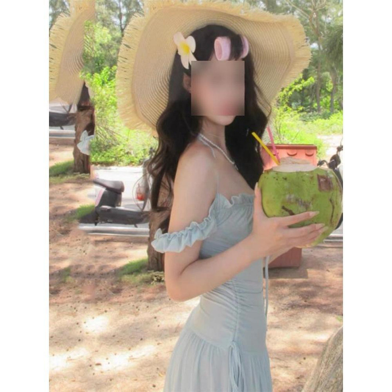 法式海边度假风气质收腰显瘦网纱连衣裙女温柔方领夏日薄荷绿长裙|undefined