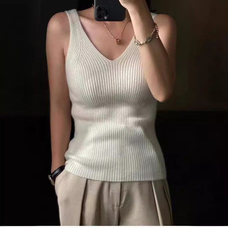 French-style Wool Knitted Camisole Women's V-neck Slim-fit Short Sleeveless Inner Base Shirt Solid Color All-match Top