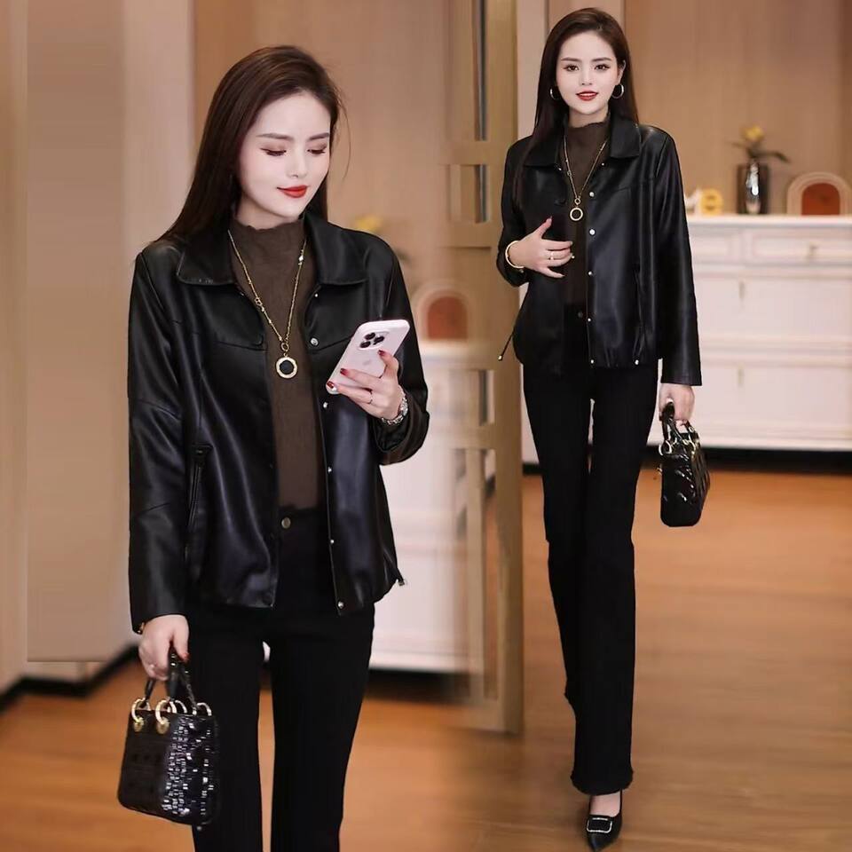 Áo khoác da PU dáng ngắn có lông cổ tháo rời, lót lông giữ ấm, form rộng — màu cà phê, màu đỏ, đen