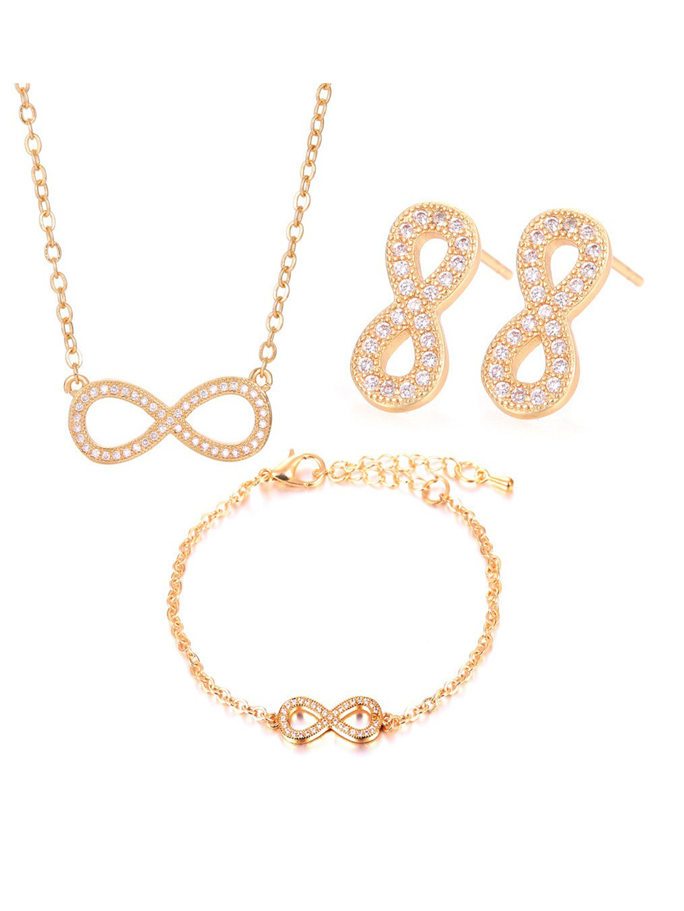Joyería transfronteriza europea y americana exquisita pequeña circón de cobre invertido 8-palabra pendientes infinitos collar pulsera Comercio exterior conjunto de tres piezas