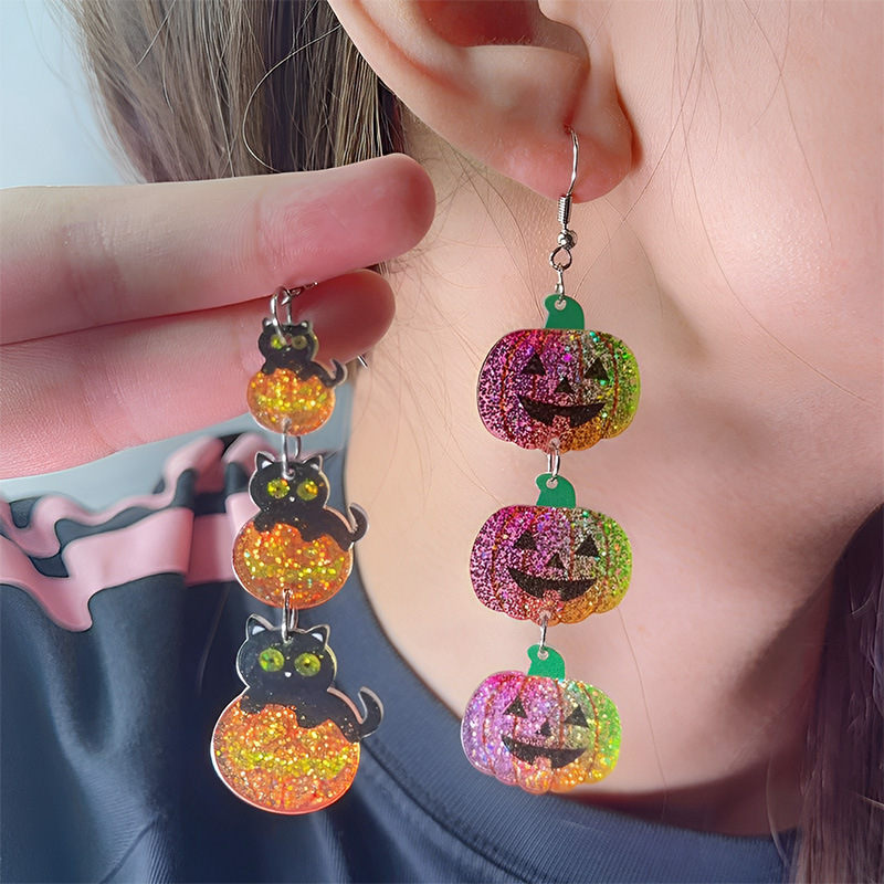 新しいハロウィンイヤリング、明るいコントラストカラー、ロングカボチャアクリルイヤリング、パーティーパーソナライズイヤリング、女性用イヤリング|undefined