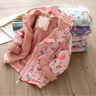 Girls' Fleece Jacket, Spring & Fall Clothing, Kidsren's Windproof Jacket, Baby Girl's Cartoon Zipper Hooded Top, Double Layer Jacket