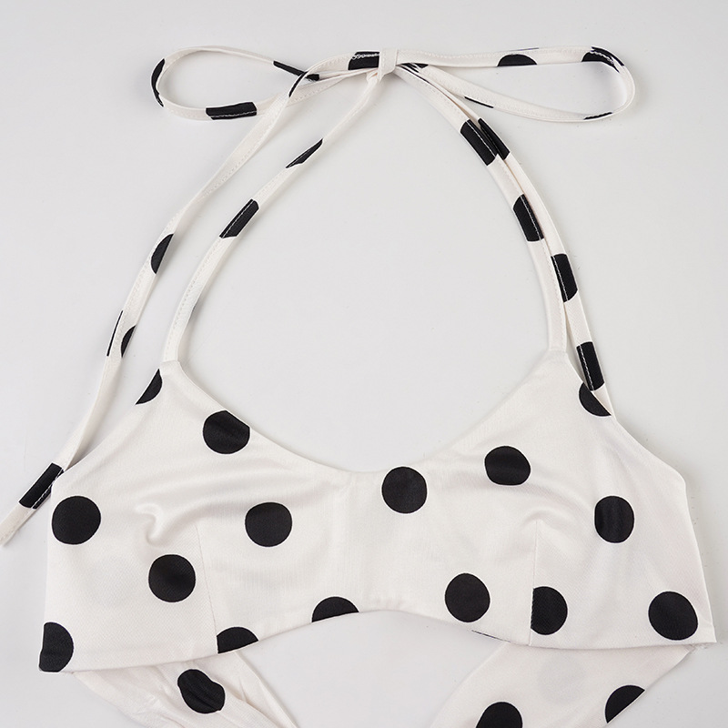 European And American Retro Beach Resort Hot Spring Polka Dot Sexy Bikini Set With Halter Neck Top + Solid Color Shorts_ecoleips.com