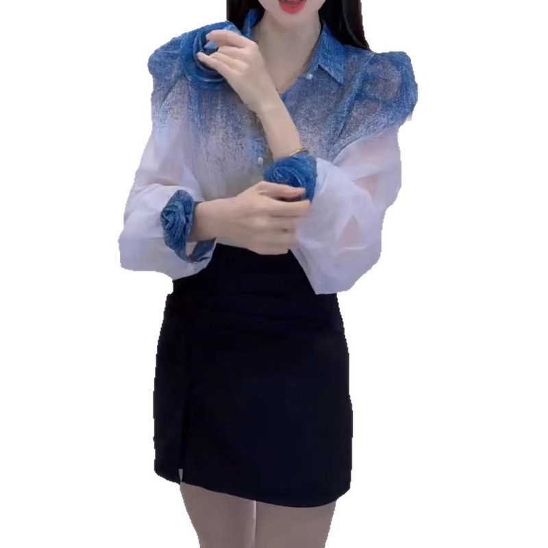 25785新大爱美依缘2025夏季新款洋气立体花薄款衬衫+包臀半身裙女|undefined
