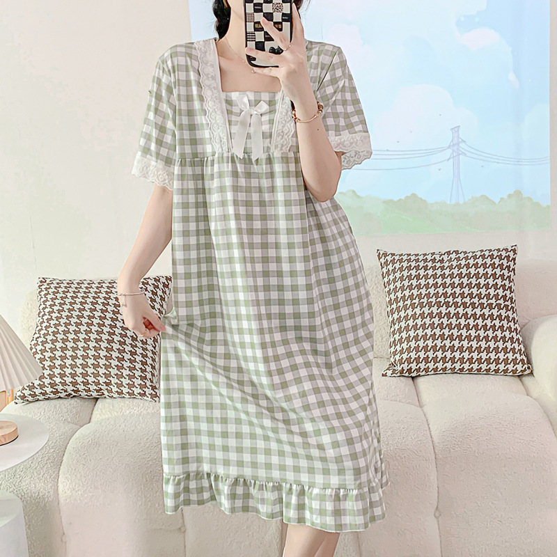 2023 verano Camisón de algodón artificial Plaid encaje ins princesa estilo dulce chica manga corta pijamas casual Home wear