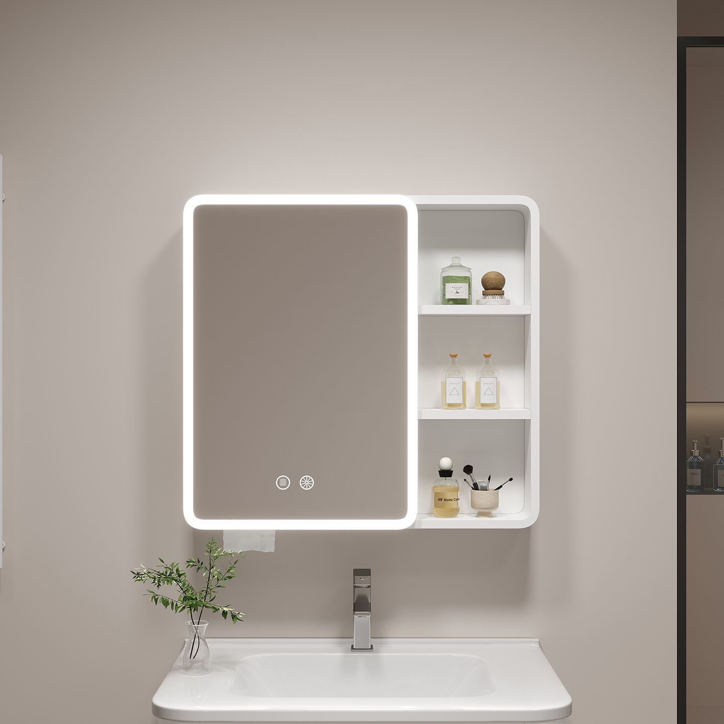 Space Aluminum Smart Bathroom Mirror Cabinet Bathroom Wall-Mounted Storage Separate Arc Storage Rack with Light Defogging Mirror