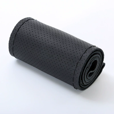 Leather car steering wheel cover cowhide hand sewing handle cover four seasons universal leather cover non-slip breathable factory direct sales (Steering wheel cover) - full-hole-black-black-thread-36cm