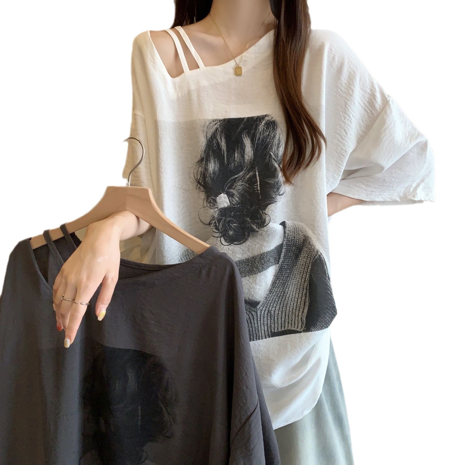 Camiseta de manga corta con diseño sin tirantes impreso de gran tamaño para mujer verano 2024 nuevo estilo suelto y delgado mm top femenino ins
