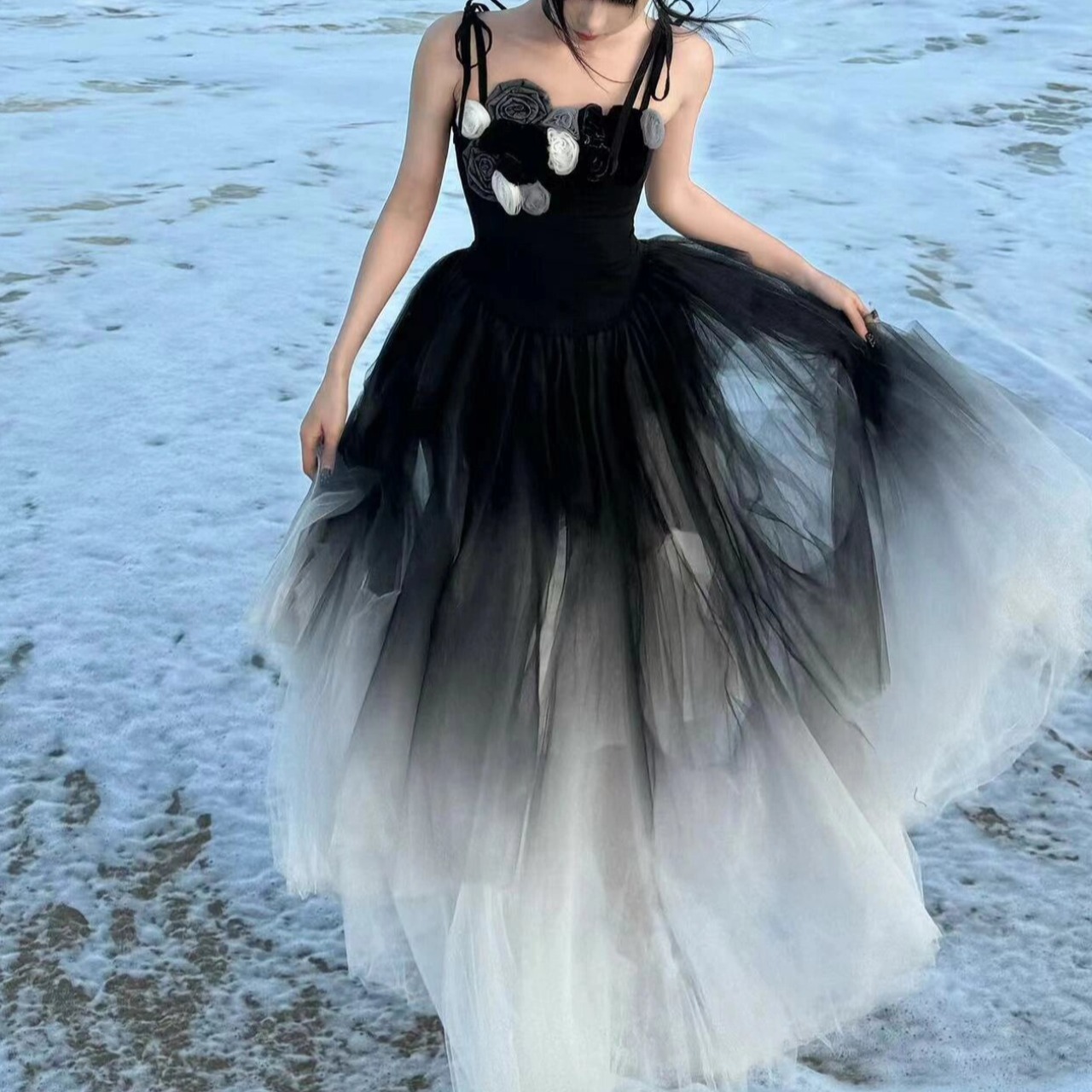 Francés pesado negro gradiente mallas vestidos de acero mujeres vacaciones de verano irregulares harness vestido de noche de cumpleaños image 2