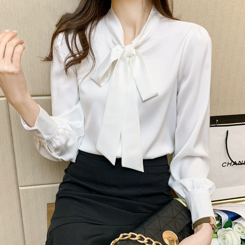 Spring and Autumn 2026 New Style Professional Shirt for Women, Long-Sleeved Ribbon White Shirt, Elegant Satin Top, Workwear