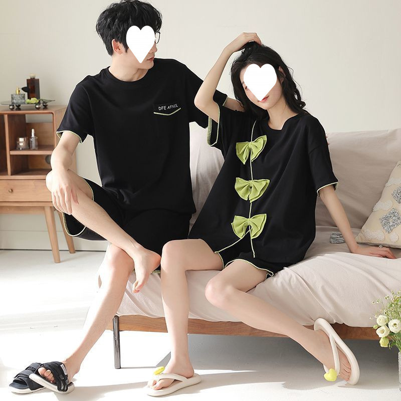 高級カップルパジャマ、純綿半袖夏ラウンドネック薄手ホーム服、男性は綿のゆったりとしたスーツの外で着用できます|undefined