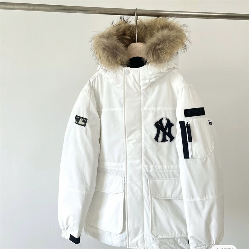 韩国跨境MLB羽绒服洋基队工装大毛领中长款男女款白鸭绒派克外套|undefined
