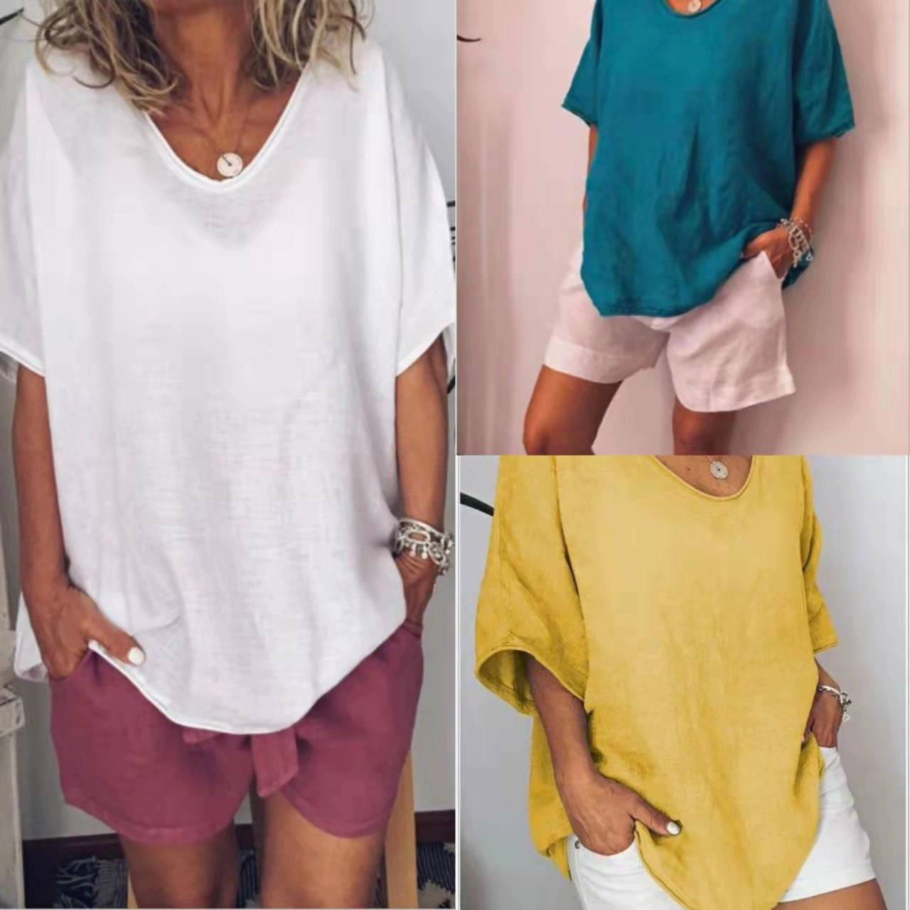 AliExpress 2024, европейская и американская летняя новая однотонная свободная повседневная футболка из хлопка и льна с короткими рукавами