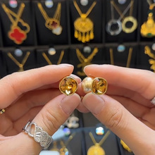 港风复古镶嵌茶色方砖香槟水晶前后戴珠珠耳钉时尚小众设计感耳饰