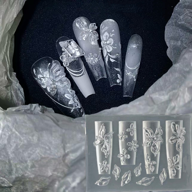 跨境新款蝴蝶结小熊冰花美甲模具立体雕花花朵硅胶模具穿戴甲工具|undefined