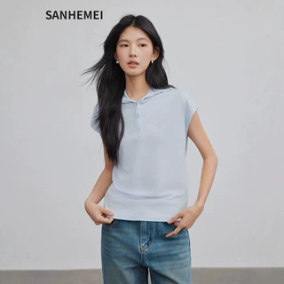 新款短袖连帽t恤女半袖V领小飞袖上衣连帽衫即墨女装夏高级感服装