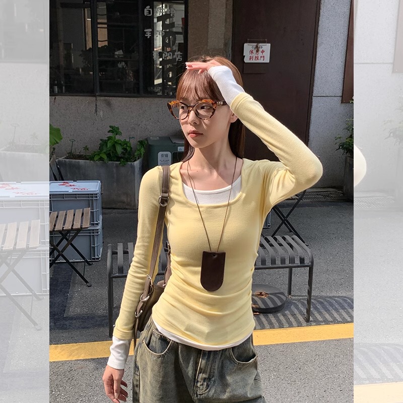 20251*1莫代尔长袖t恤女装薄款2025秋季新款假两件修身圆领打底衫|undefined