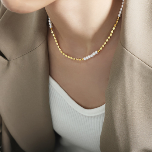 Real Gold Plated Brass Material Freshwater Pearl Flat Bean Stitching Necklace Simple Fashion European and American Style Metal Clavicle Chain