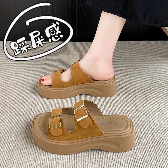 Vintage Genuine Leather Birkenbone Slippers Women's 2025 New Summer Wearing Heightening Slides Platform Beach All-match Sandals