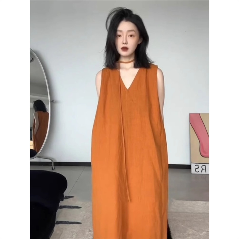 夏季新款时尚韩版梨形身材穿搭宽松休闲减龄百搭橙色无袖连衣裙女|undefined