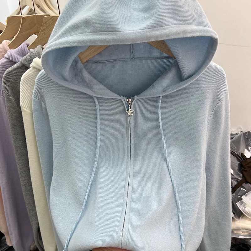 Double Zipper Long-Sleeved Knit Cardigan Women's Top 2026 Early Spring New Style Casual Stylish Outerwear Hoodie Sweater