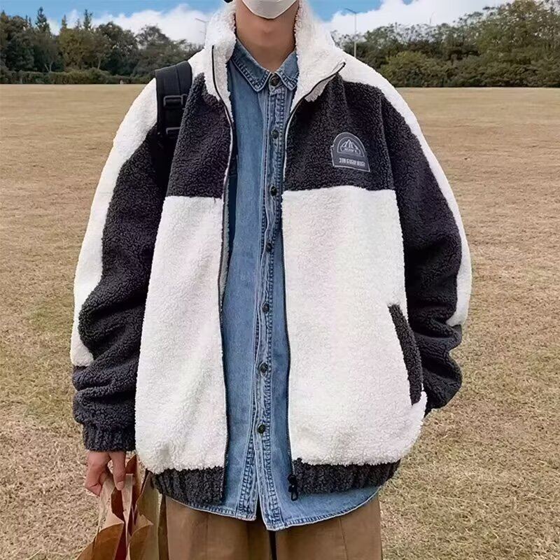Color-blocked lamb fleece coat for men, autumn and winter, fleece-lined, loose-fitting cotton-padded jacket, Hong Kong style casual warm cotton-padded coat, thick top.