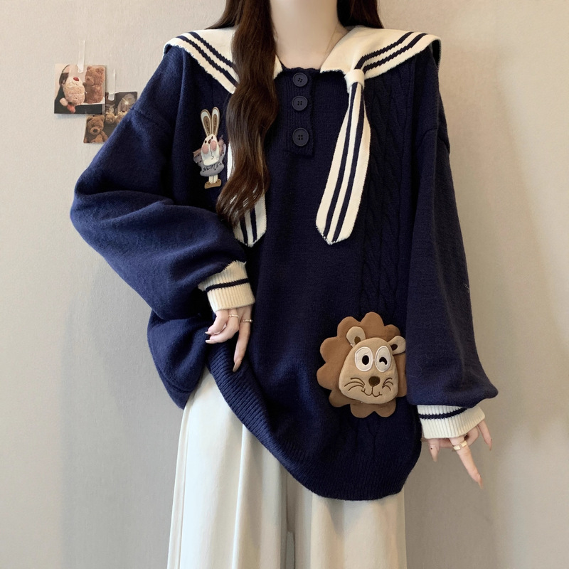 Loose Version of the New Autumn Navy Collar Cute and Sweet Knitted Sweater Loose Slimming Pullover Long-Sleeved Top for Women