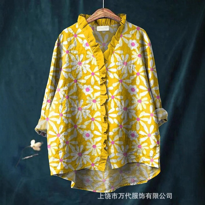 2025 Spring and Autumn New Lace Placket Fresh Women's Shirt Asymmetrical Hem Design Plaid Casual Long Sleeves