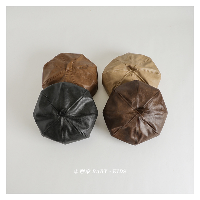 Children's Retro PU Leather Beret Boys and Girls Autumn and Winter Fashionable Fashion Versatile Soft Painter Pumpkin Hat
