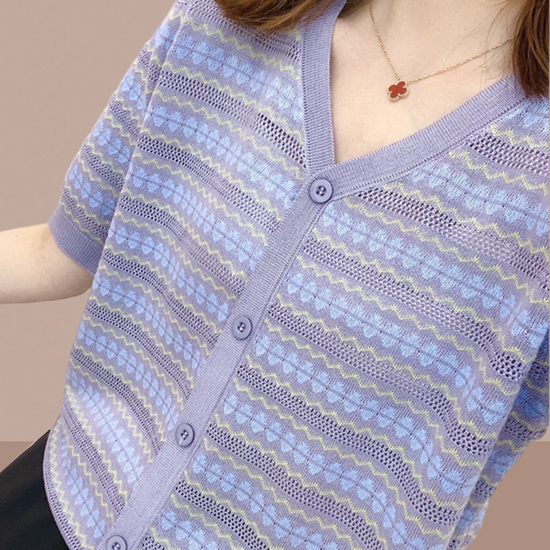 100kg Wearable Ice Silk Short Sleeve Cardigan Shirt for Women Plus Size Knitted Top Plus Size T-Shirt for Women 67.5-100kg