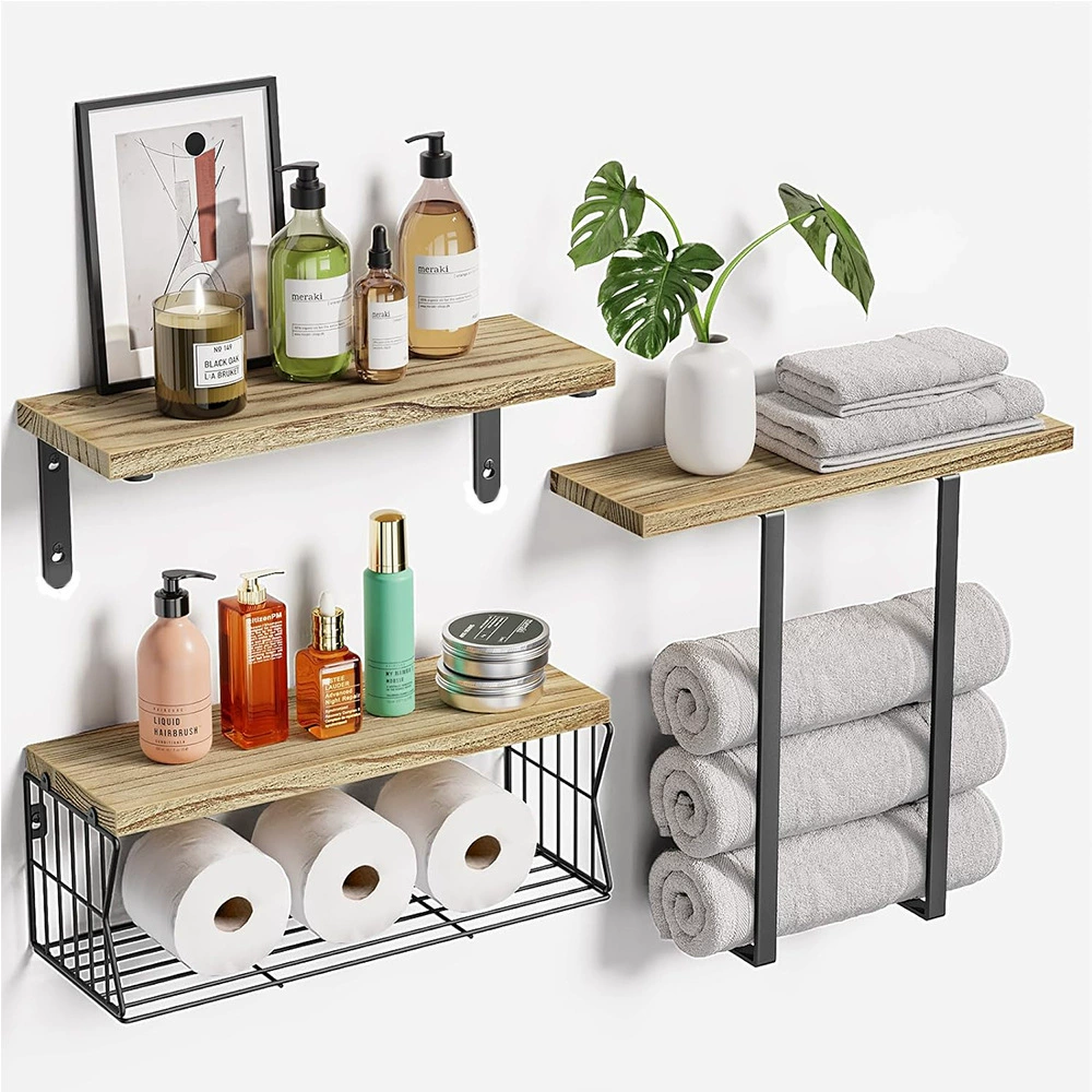 Трансграничный современный простой настенный стеллаж для хранения из цельного дерева, многофункциональный настенный стеллаж для хранения с держателем для рулона бумаги и вешалкой для полотенец