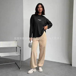 100%纯棉长袖t恤秋季新款欧美风时尚个性潮牌小众印花外穿上衣女